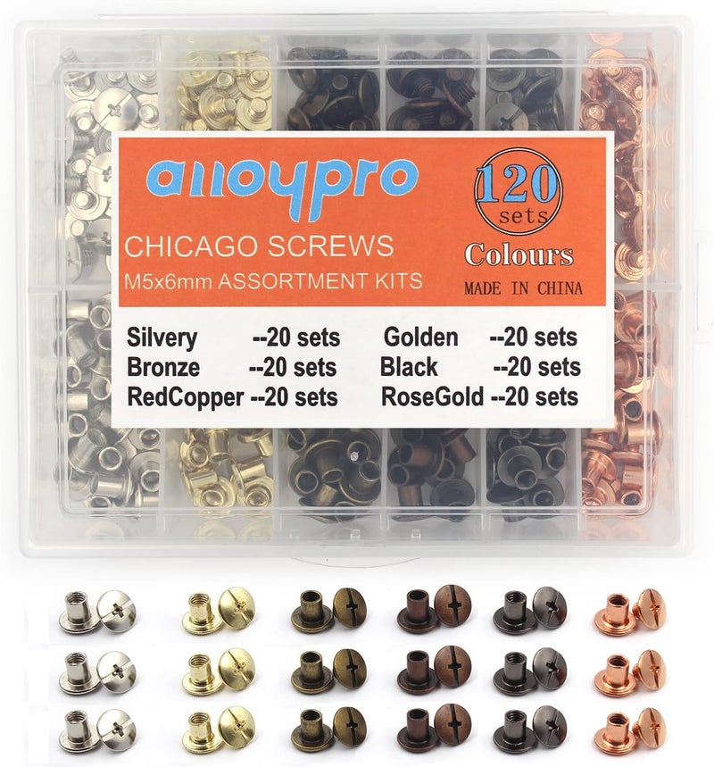 ALLOYPRO 120 Sets Chicago Screws Assorted Kit 6 Color Leather Rivets Screw Rivets Flat Fillister Book Binding Posts Nail Rivet Chicago Bolts for DIY Leather Craft Black Silver Bronze (Colours 5×6mm) - Image 1